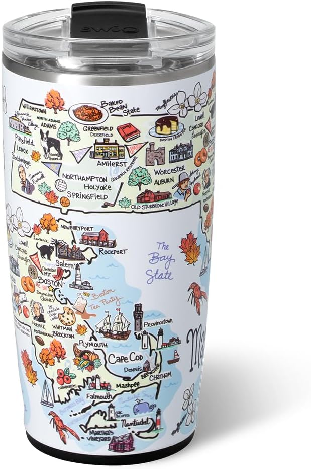 Swig Life 22oz Travel Mug, Insulated Tumbler with Handle and Lid, Travel Coffee Mug, Cup Holder Friendly, Stainless Steel 22 oz Tumbler, Reusable Insulated with Lid (Massachusetts)