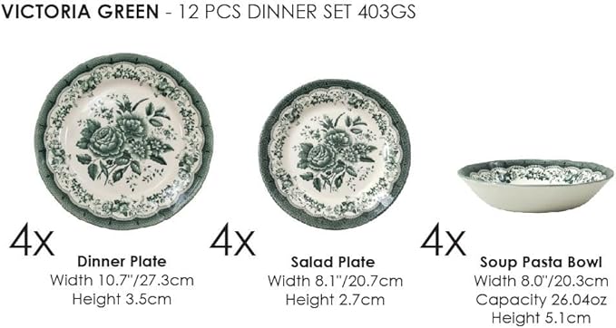 TUDOR ROYAL 12-Piece Porcelain Round Dinnerware Set, Service for 4, VICTORIA Green Design, Blue Floral, Plates Bowls Dishes, Premium Quality Tableware, Unique Pattern, Glossy