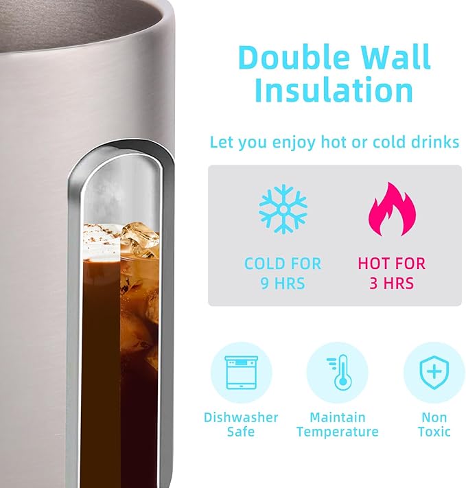 Volhoply 14oz Insulated Stainless Steel Coffee Mug with Leakproof Lid,Double Wall Vacuum Travel Coffee Cup with Handle,Reusable Metal Cups Tumbler,Camping Mugs Keep Hot,Ideal Gifts(Silver,1)