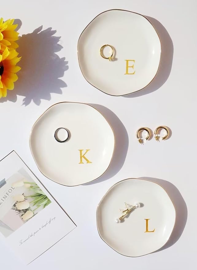 Ceramic Jewelry Tray Initial Ring Dish Personalized E-Monogrammed Engagement Wedding Gifts, for Birthday Mother's Day Christmas for Women, Ceramic White 4.75" (U)