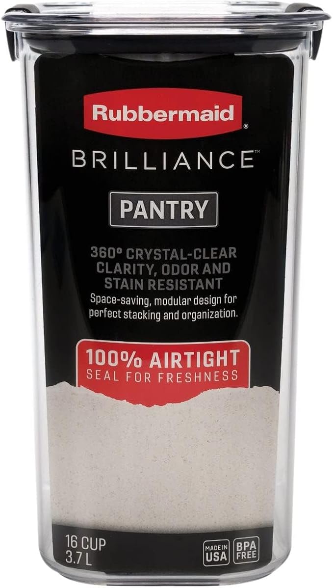 Rubbermaid Brilliance Food Storage Container, 16-Cup, Airtight | Clear/Grey | For Pantry Organization | Pack of 2