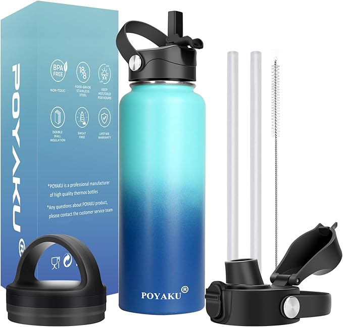 Water Bottle Insulated 32oz 40oz 64oz 128oz Straw Lid Spout Lid & 3 Lids, Leak Proof, Vacuum Insulated,Stainless Steel Water Bottle Wide Mouth for Sports, Gym or Office