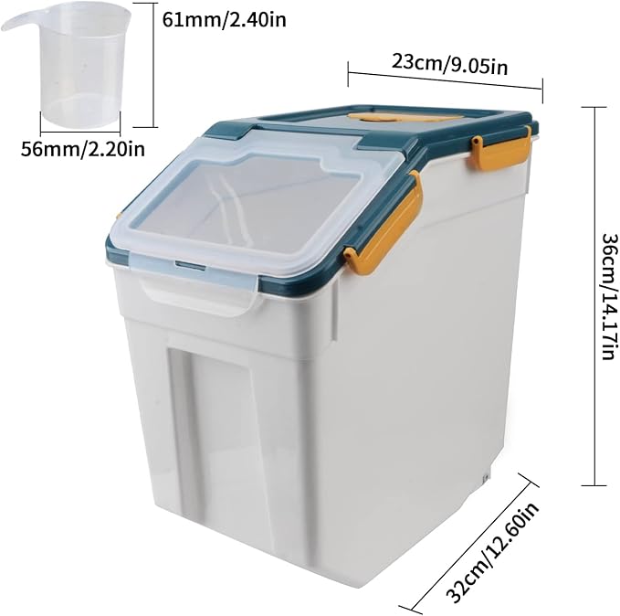 AnRui Dog Food Storage Container with Scoop, Large Airtight Plastic Pet Dog Cat Dry Food Bin, Cereal Grain Organizer Box for Rice, Flour, Snack, Baking Supplies, Kitchen Pantry, Blue
