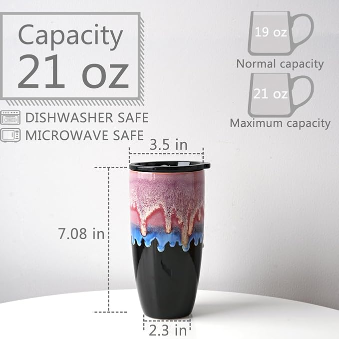 Bosmarlin Ceramic Travel Coffee Mug with Lid, 21 oz, Portable Coffee Cup for Car Cup Holder, Microwave and Dishwasher Safe, Reactive Glaze