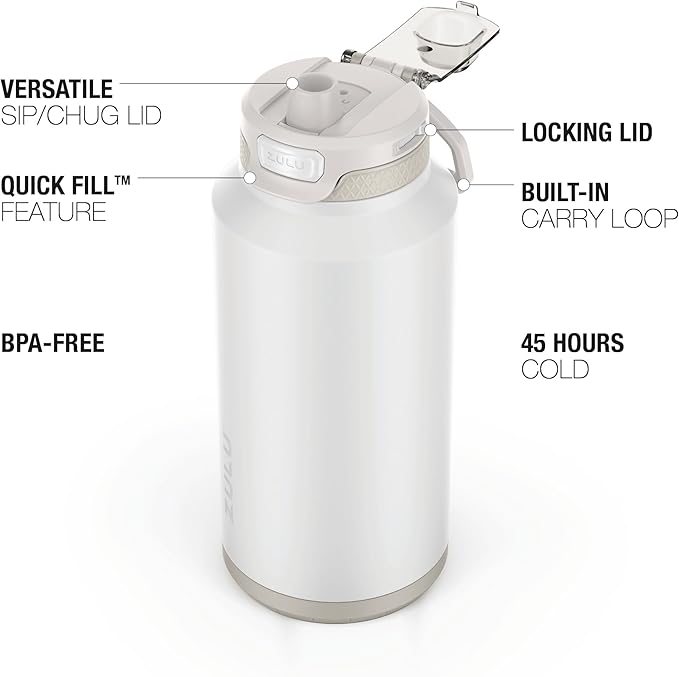 ZULU Powerfill Pro 64oz Half Gallon Stainless Steel Water Bottle with Quick Fill Lid, Triple Walled Vacuum Insulated Metal, Leak Proof Locking Lid, Sip and Chug, Reusable BPA Free, White Monochrome