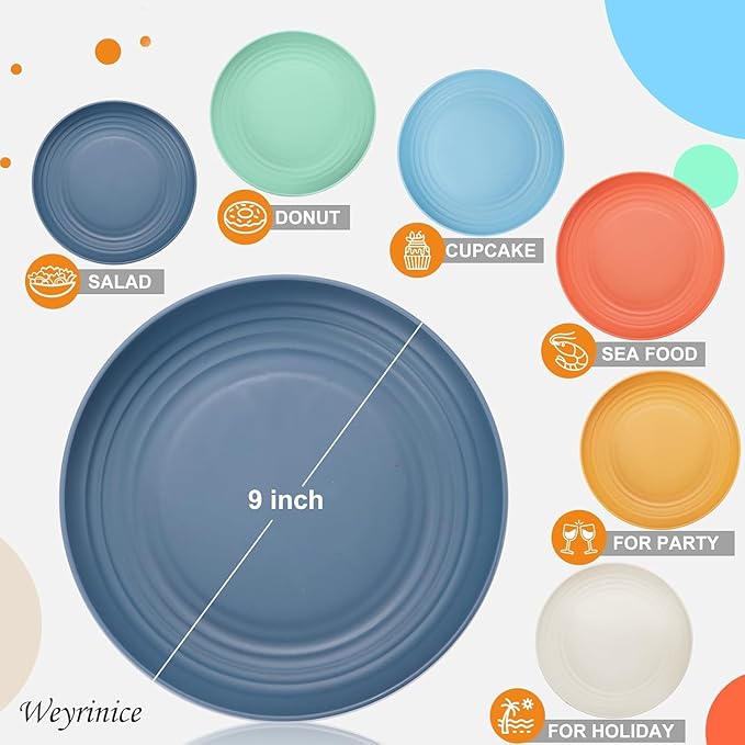 12PCS Unbreakable Dinner Plates, Dishwasher & Microwave Safe Plastic Plates Reusable, Lightweight Wheat Straw Plates for kitchen (Dopamine, 10 IN)