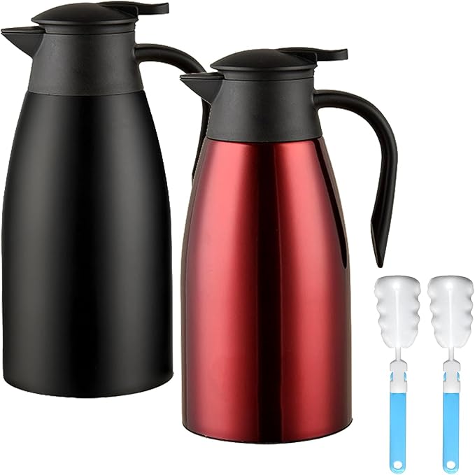 70 oz Thermal Coffee Carafe, Updated 2 PCS Insulated Stainless Steel Coffee Carafes for Keeping Hot Coffee & Water Hot Beverage-12Hours, Double Walled Vacuum Coffee Carafe(Black+Red)