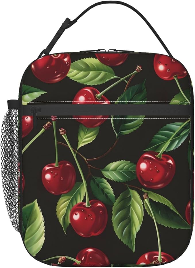 Sweet Cherry Lunch Box for Women Girls Kids, Insulated Cooler Vibrant Red Cherry Lunch Bag for School, Picnic, Office, Travel, Work, Portable Reusable Polyester Thermal Tote Lunch Bags