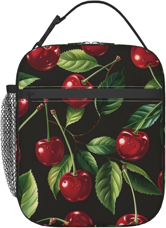 Sweet Cherry Lunch Box for Women Girls Kids, Insulated Cooler Vibrant Red Cherry Lunch Bag for School, Picnic, Office, Travel, Work, Portable Reusable Polyester Thermal Tote Lunch Bags