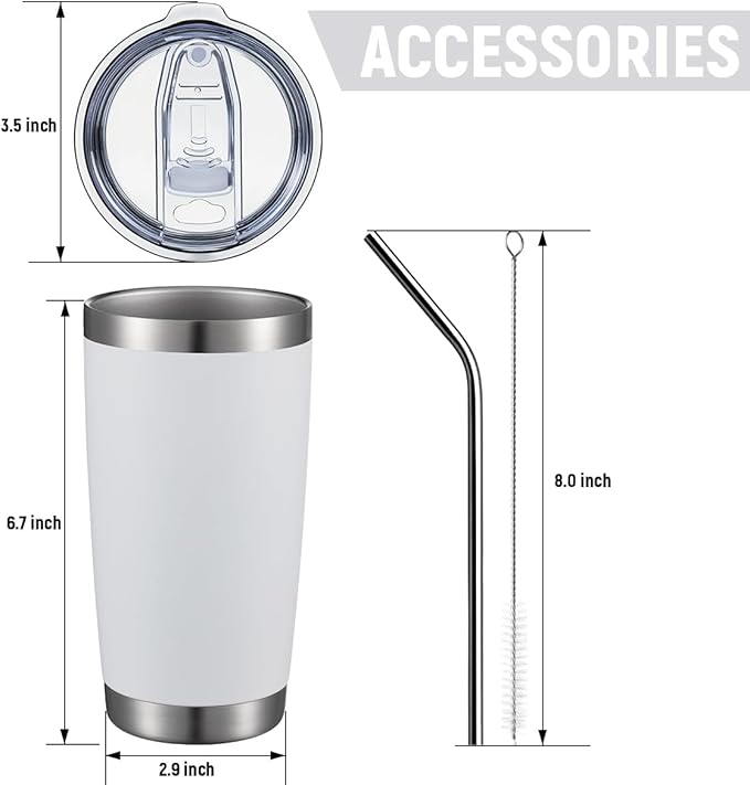 COMOOO 20oz Tumbler with Straw Stainless Steel Insulated Coffee Tumbler Cups Thermal Double Wall Vacuum Travel Coffee Mug with Splash Proof Sliding Lid for Home, Office, School (White, 1 Pack)