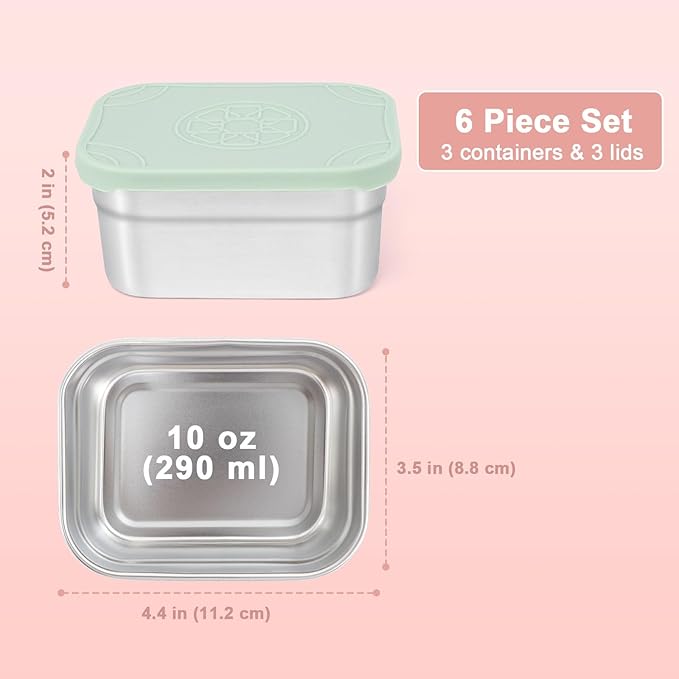 Caperci 3-Pack Stainless Steel Snack Containers with Silicone Lids - 10oz Reusable Small Food Storage Containers for Snacks & Deli Foods, Leak-Proof, Easy Open & BPA-Free (290ML)