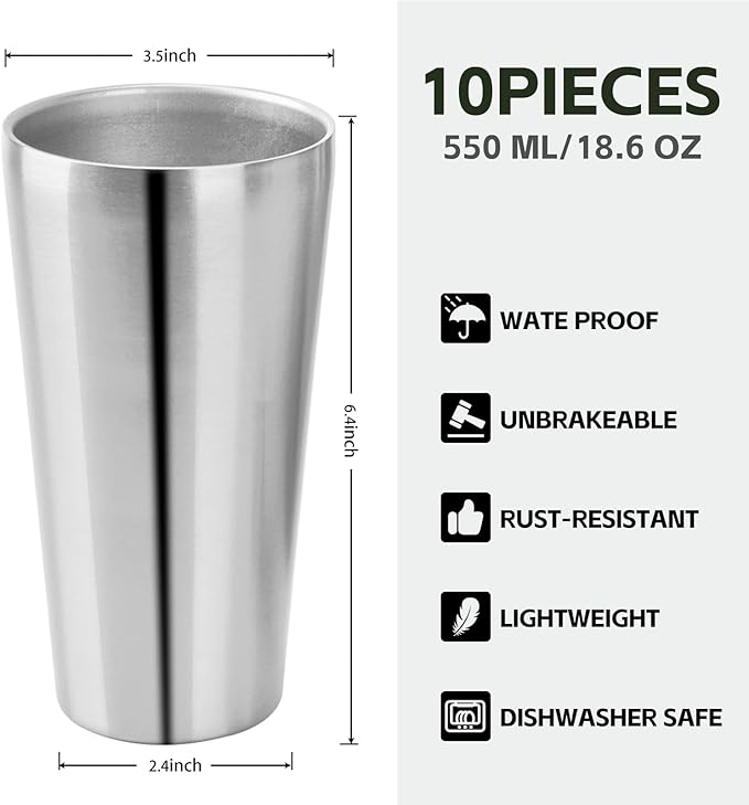10 Pack 18.6 oz Stainless Steel Insulated Cup, Double Wall Vacuum Small Metal Cup, Reusable Camping Cups Unbreakable Indoor Outdoor for Party, Home, Office, BBQ, Sliver