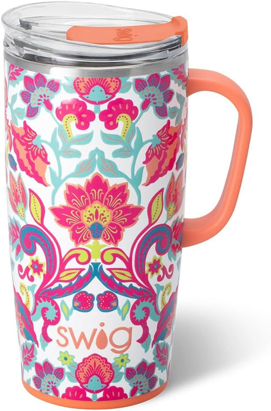 Swig Life 22oz Travel Mug, Insulated Tumbler with Handle and Lid, Travel Coffee Mug, Cup Holder Friendly, Stainless Steel 22 oz Tumbler, Reusable Insulated with Lid (Flourish)