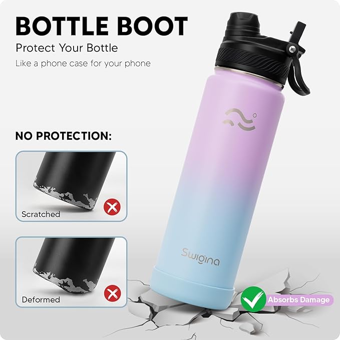 [2-IN-1 LID] Insulated Water Bottle with Silicone Boot (36hrs Cold/18hrs Hot) - DIY Stickers, Leakproof, BPA Free, 24 oz