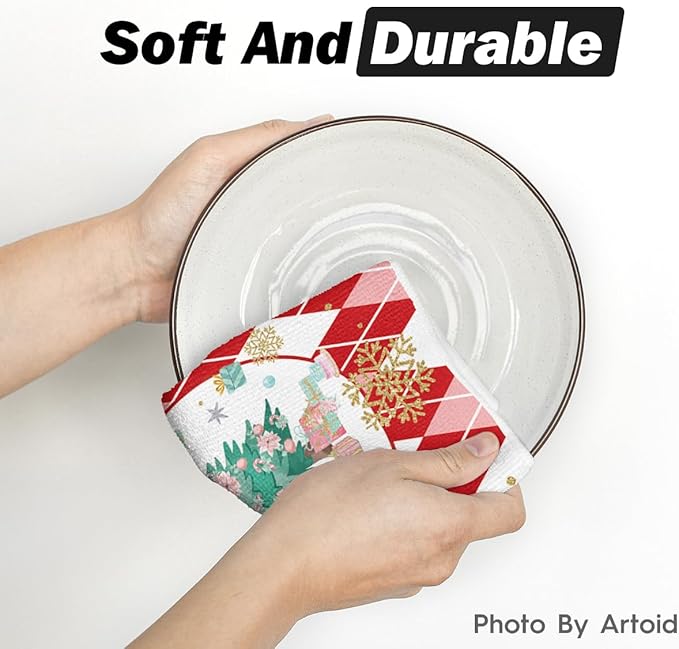 Artoid Mode Red Nutcrackers Tree Christmas Kitchen Towels Dish Towels, 18x26 Inch Gift Box Snowflake Winter Decoration Hand Towels Set of 2