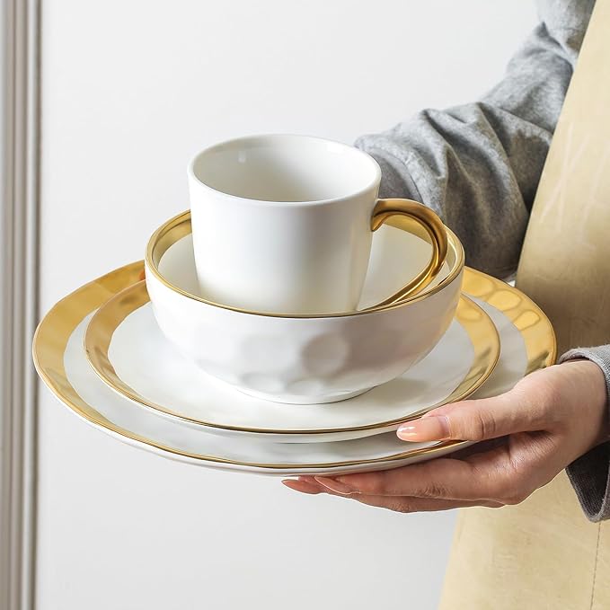 vicrays Coffee Mug Set, 11 Ounce, Set of 6, Ceramic Mug for Men, Women, Unique Glazed Mugs with Handle for Coffee, Tea, Milk, Cocoa, Cereal(White with Golden)