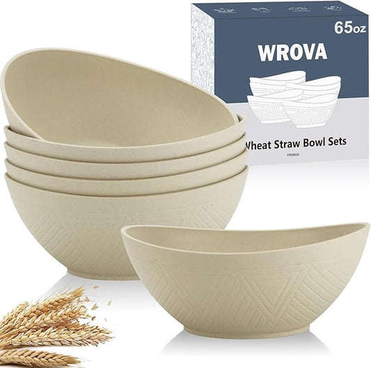 Wrova 65oz Big Wheat Straw Bowls - Large Salad Bowls set of 6 - Unbreakable Serving Bowl Sets - Microwave & Dishwasher Safe Bowl Sets for Cereal,Salad,Fruit - Beige