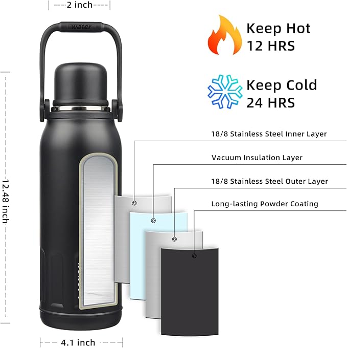 BJPKPK Insulated Water Bottle 50oz Vacuum Insulated Stainless Steel Water Bottles with Handle and Lid Travel Metal Thermal Flask for Outdoor Sports,Black
