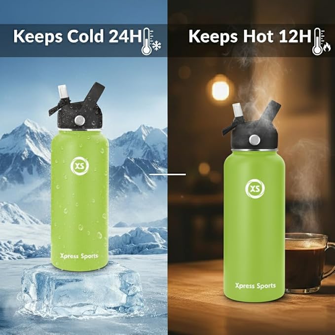 32oz Insulated Water Bottle with Straw & Handle- 24hr Cold/12hr Hot, Leakproof Stainless Steel Metal Bottle for Gym, Travel & Sports
