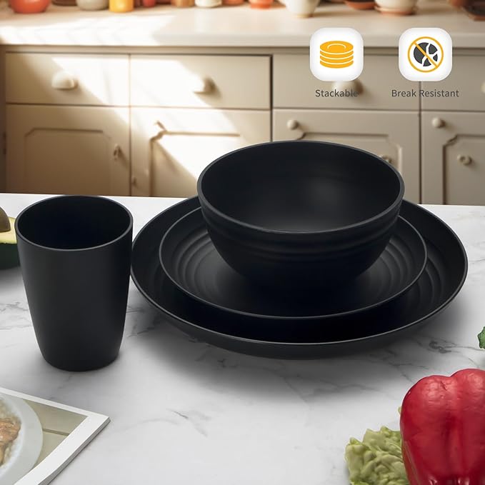 Lazycorner 32Pcs Kitchen Wheat Straw Dinnerware Set, Service for 8, Plastic Reuasble Dinner Dishes Serving Plate Set for Kitchen, Including Dinner Plate, Dessert Plate, Bowl, Cup(Black)