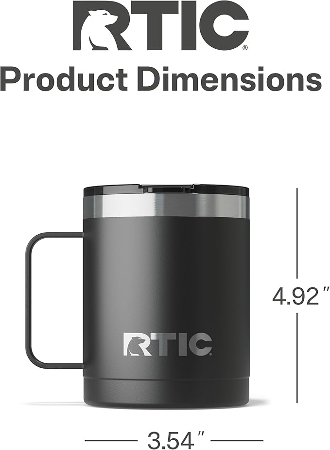 RTIC 12oz Essential Coffee Mug with Lid and Handle, Insulated, Ceramic Lined, Stainless Steel, Metal, Double Wall Vacuum-Insulation, Portable, Travel Cup for Hot and Cold Drink, Black