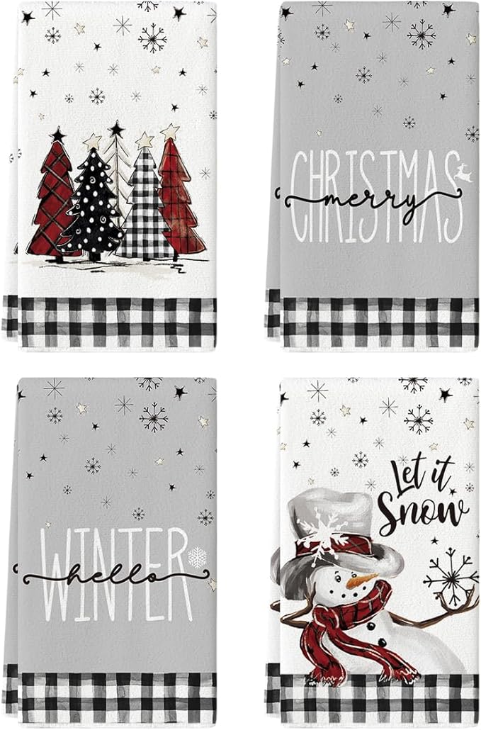 Artoid Mode Black White Buffalo Plaid Snowman Xmas Trees Christmas Kitchen Towels Dish Towels, 18x26 Inch Daily Winter Decoration Hand Towels Set of 4