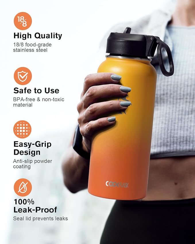 Water Bottle 32 oz Insulated with Straw, Coolflask Stainless Steel Metal 3 Lids Water Flask Wide Mouth for Sports or Office, Non-BPA Keep Cold Up to 48 Hrs or Hot Up to 24 Hrs, Ombre Yellow/Orange