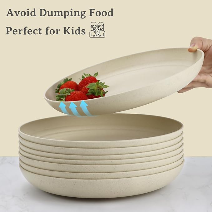 Wrova Wheat Straw Plates - 9 Inch Unbreakable Dinner Plates Set of 8 - Dishwasher & Microwave Safe Plastic Plates Reusable - Lightweight Plates for kitchen,R.V. (Beige)