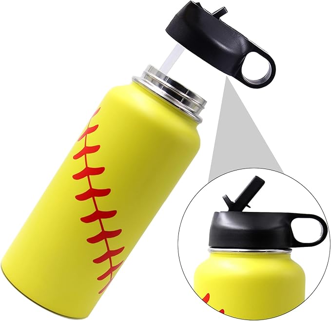 32 oz Softball Water Bottle, Wide Mouth Metal Thermo Travel Tumbler Sports Flask with 2 Lids, Stainless Steel Double Wall Vacuum Insulated Water Bottles, Softball Stuff Gifts for Mom Men Boys Girls