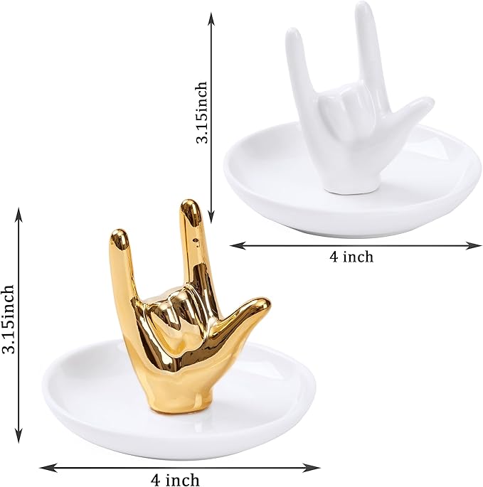 Set of 2 Hand Ring Holder, I Love You Hand Shape Jewelry Dish for Wedding Engagement, Trinket Tray Gifts for Women Her Birthday Christmas Valentines