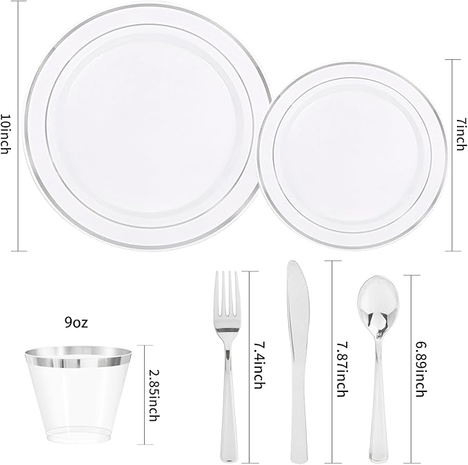 bUCLA 300PCS Silver Disposable Plastic Dinnerware Set - 50 Guests White Silver Disposable Plates Include 50 Dinner Plates,50 Dessert Plates,50 Knives,50 Forks,50 Spoons,50 Cups for Party & Christmas