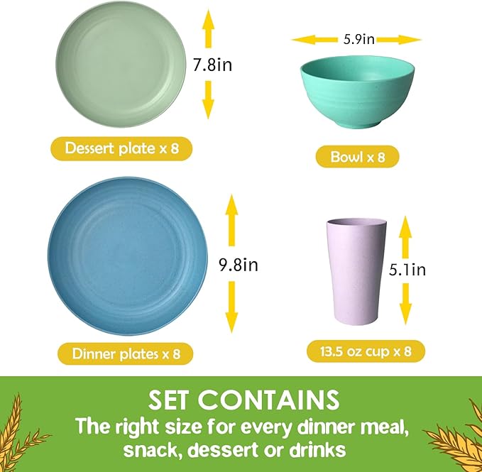 Teivio 32-Piece Kitchen Plastic Wheat Straw Dinnerware Set, Service for 8,Dinner Plates, Dessert Plate, Cereal Bowls,Cups,Unbreakable Colorful Plastic Outdoor Camping Dishes for Patio,Hues Multicolor