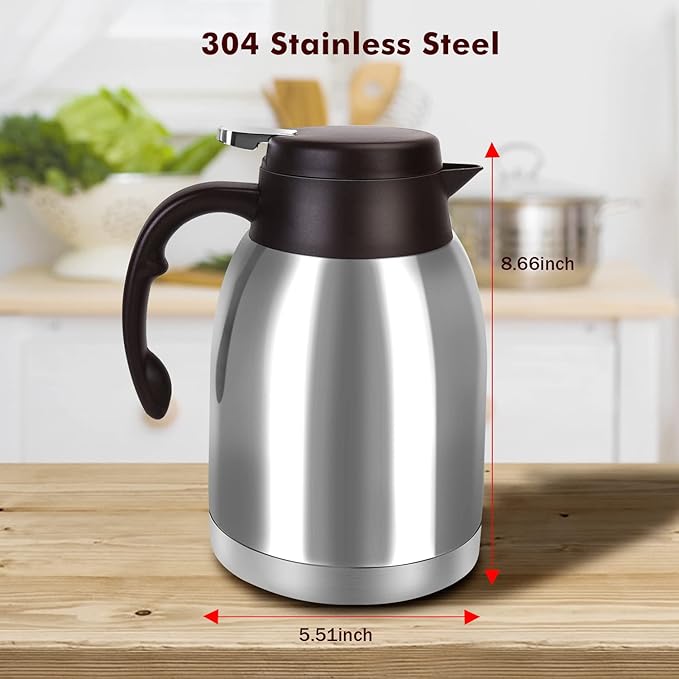 54oz Stainless Steel Thermal Coffee Carafe Dispenser, Unbreakable Double Wall Vacuum Flask 1.6L Water Tea Pot Beverage Pitcher for Cold Drinks in Summer(Classic Silver)