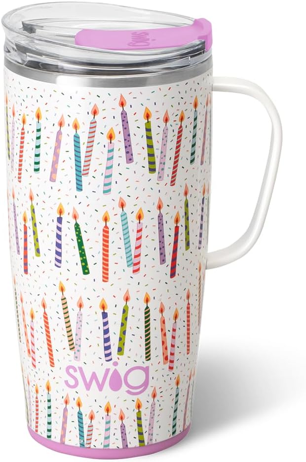Swig Life 22oz Travel Mug, Insulated Tumbler with Handle and Lid, Cup Holder Friendly, Dishwasher Safe, Stainless Steel, Travel Coffee Cup, Insulated Mug with Lid (Make a Wish)