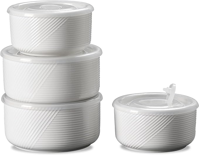 Ceramic Nesting Bowls with Lid: Microwave Safe Food Storage Containers for Work Lunch Picnic Camping Meal Prep Soup Salad Cereal Leftovers - 5 & 6 Inch, 20 & 32 oz, Set of 4, White