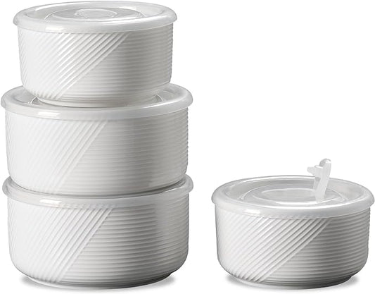 Ceramic Nesting Bowls with Lid: Microwave Safe Food Storage Containers for Work Lunch Picnic Camping Meal Prep Soup Salad Cereal Leftovers - 5 & 6 Inch, 20 & 32 oz, Set of 4, White