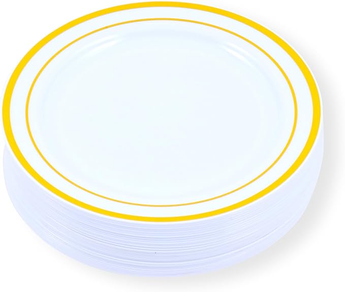 120-Piece Salad Plastic Plates Set - Premium Disposable Plates for Party, Wedding - White with Gold Rim