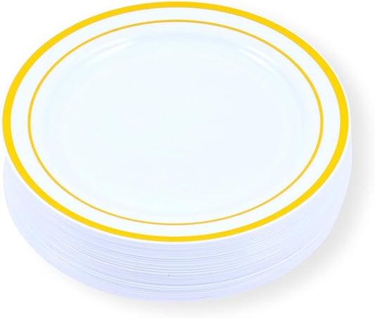 120-Piece Salad Plastic Plates Set - Premium Disposable Plates for Party, Wedding - White with Gold Rim