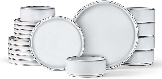 LIANYU 18 Piece Dinnerware Sets for 6, Stoneware Dinner Plates and Bowls Set, Dishware Dish for Home Kitchen Dining, Rustic Terracotta Bottom, Dishwasher & Microwave Safe, Lucent White