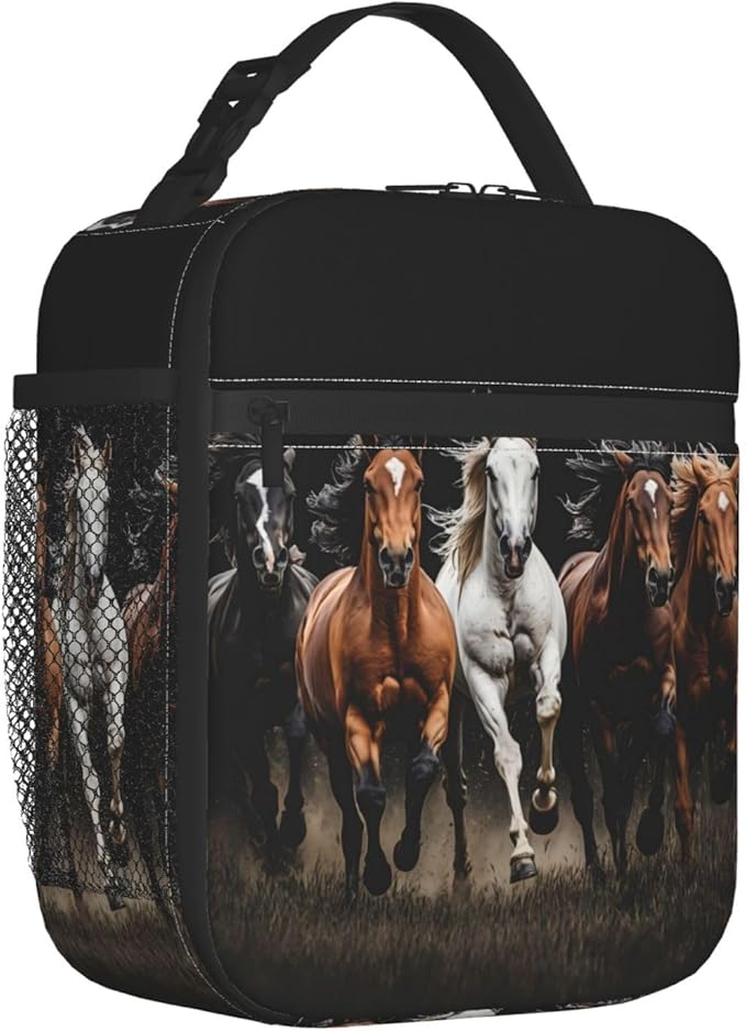 Wild Horse Lunch Bag, Polyester Tote Bags with Horses on Black Background, Insulated Lunchbox, Portable Lunchbag Decor Gifts for Work, Picnic, School, Travel, Hiking, Beach or Fishing