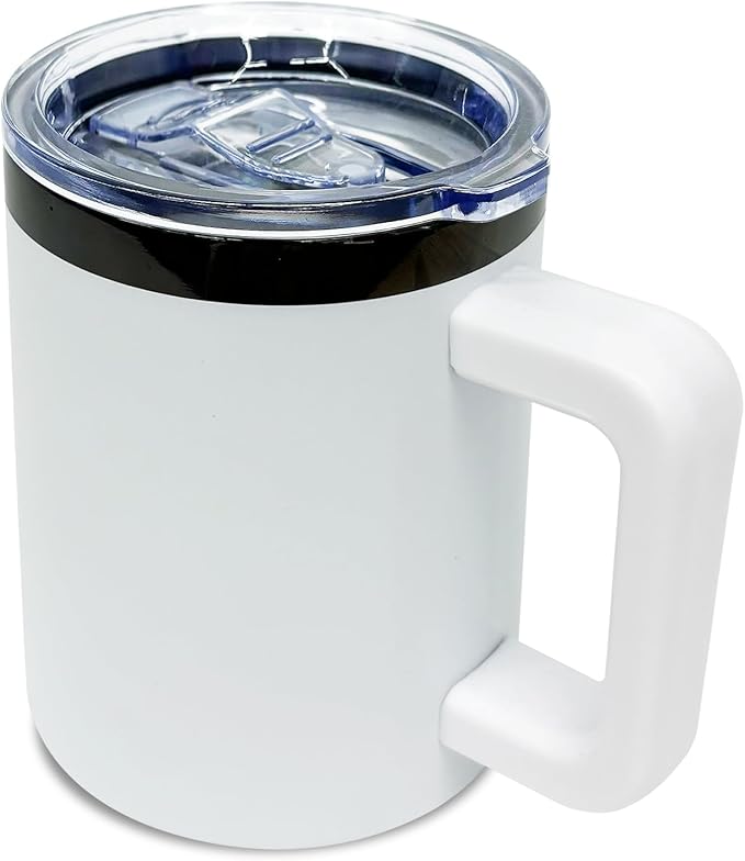 10 oz Tumbler with Handle and Straw Stainless Steel Insulated Coffee Mug for Laser Graving Powder Coated Cup with Black Plated(White,1 pack)