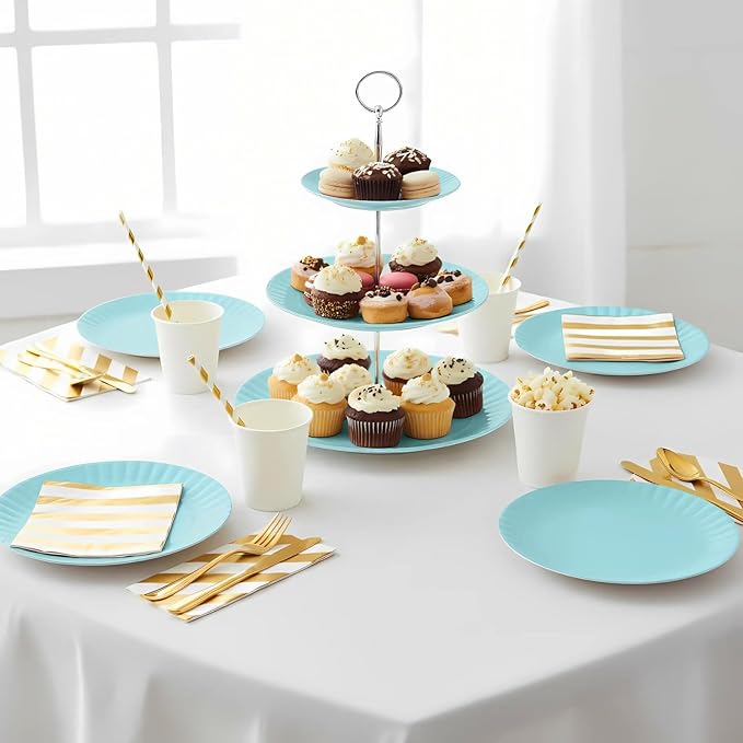 TP Melamine Dinner Plates Set of 8, 8” Salad Dessert Plates and 10.5” Dinner Plates, Dinnerware Set for 4, Indoors and Outdoors, Teal