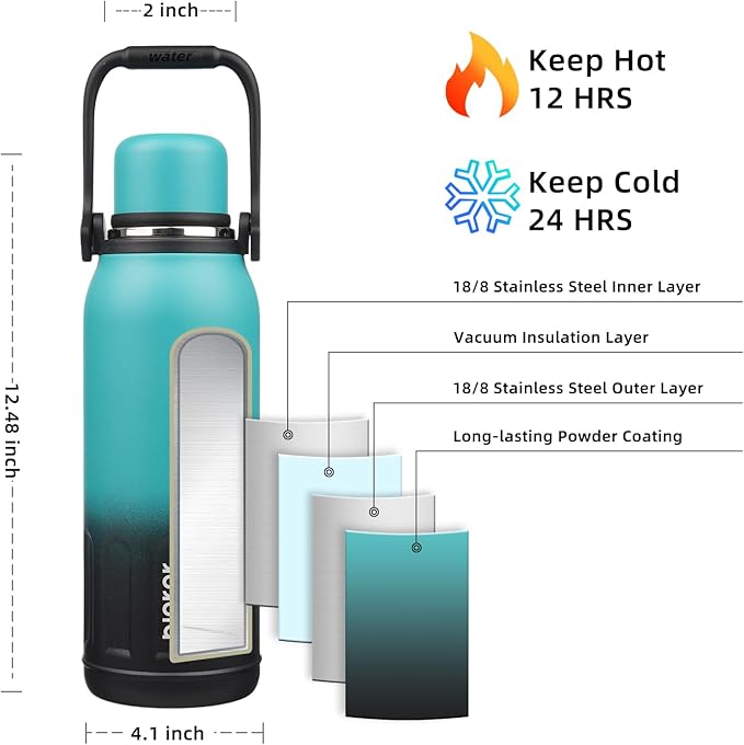 BJPKPK Insulated Thermal Water Bottle with Handle and Lid 50oz BPA Free Stainless Steel Water Bottles For Cold and Hot Beverages,TealBlack