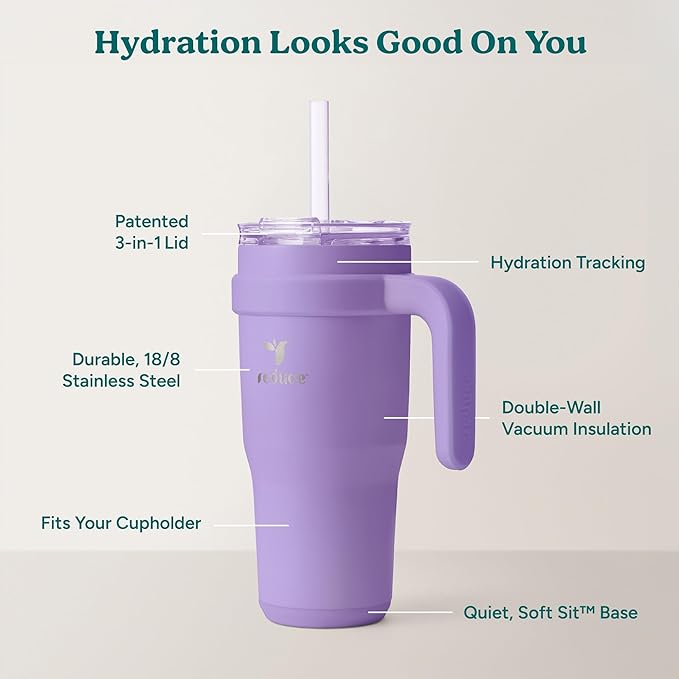 Reduce 24 oz Stainless Steel Tumbler with Handle - Dual-Wall Vacuum Insulated Travel Mug, Sweat-Proof Lid & Reusable Straw - Keeps Drinks Cold for 24 Hrs, Fits Cupholders, Dishwasher Safe-Purple Punch