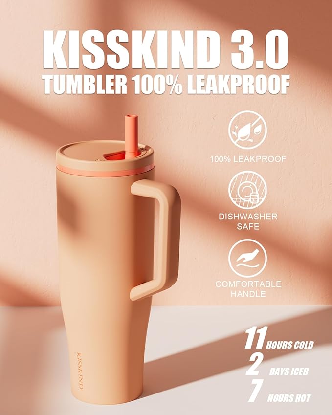 KISSKIND 40 oz Tumbler with Handle and Straw | Lumi Spin Hidden Straw 100% Leakproof Insulated Tumbler | Stainless Steel Water Bottle for Mom, Nurse, Teacher | Orange
