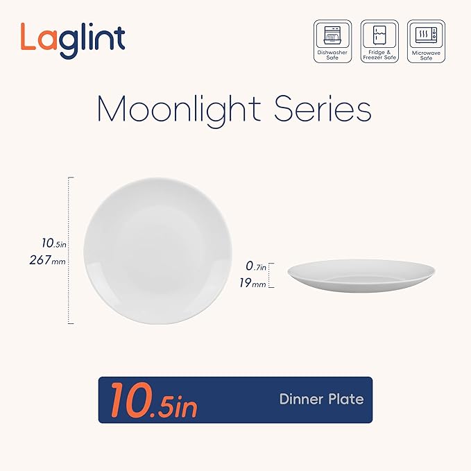 10.5 inch Dinner Plate Set of 6, Lightweight Round Opal Glass White Dinnerware Plates, Dishwasher and Microwave Safe