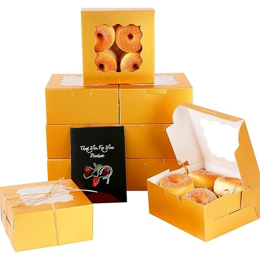 qiqee Gold Bakery Box with Window 36Packs 6x6x3 Golden Cookie Boxes Gold Cardboard Boxes for Cookie, Pastry, Cupcake, Pie, Donut