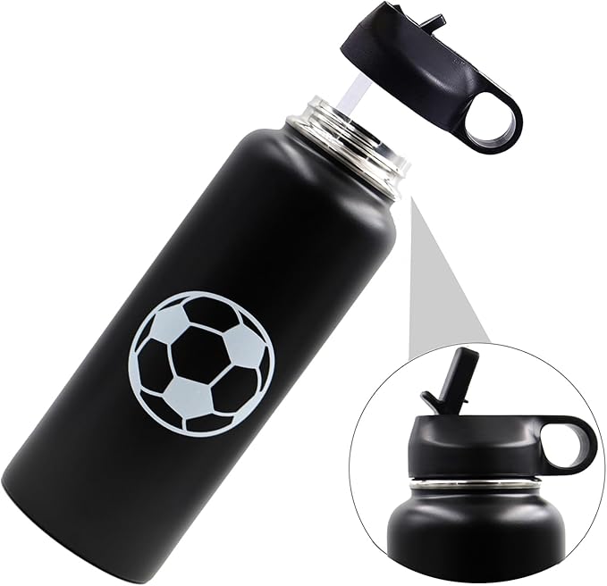 40 oz Soccer Water Bottle, Sports Flask Metal Travel Tumbler with 2 Lids, BPA-Free Stainless Steel Double Wall Vacuum Insulated Leak Proof Water Bottles, Soccer Stuff Gifts for Mom Men Boys Girls Fans