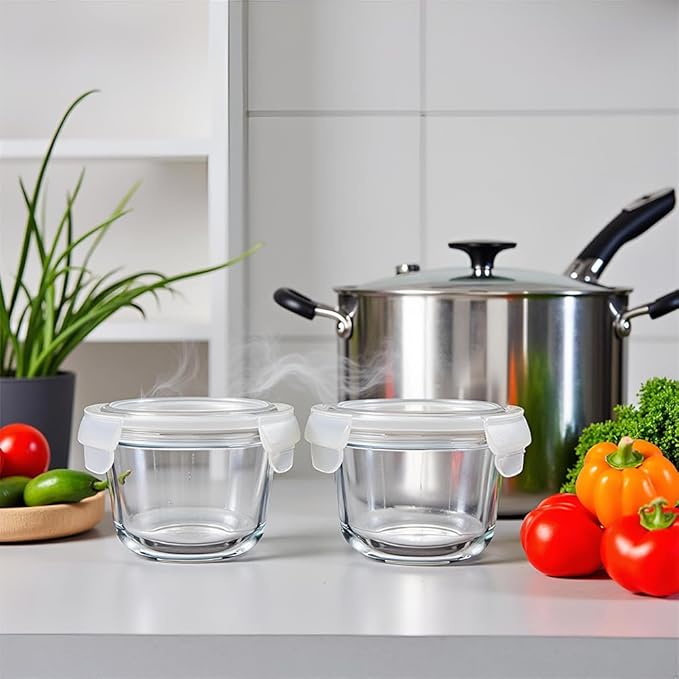8 Pack Glass Food Storage Containers with lids, Round Glass Soup Container with Airtight Lids, Reusable Leakproof, Round Food Bowls for Soup, leftovers, Dishwasher Microwave Freezer Safe