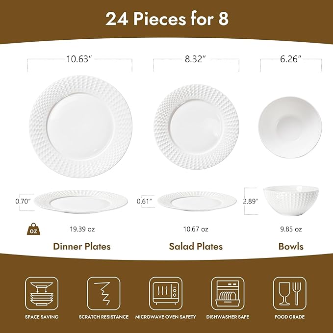 KINGSTONE Bone China Dinnerware Set, 24-Piece White Lightweight Porcelain for 8, Plates and Bowls with Rhombus patterned edge design, Microwave and Dishwasher Safe, for Family, Restaurant, Gifting